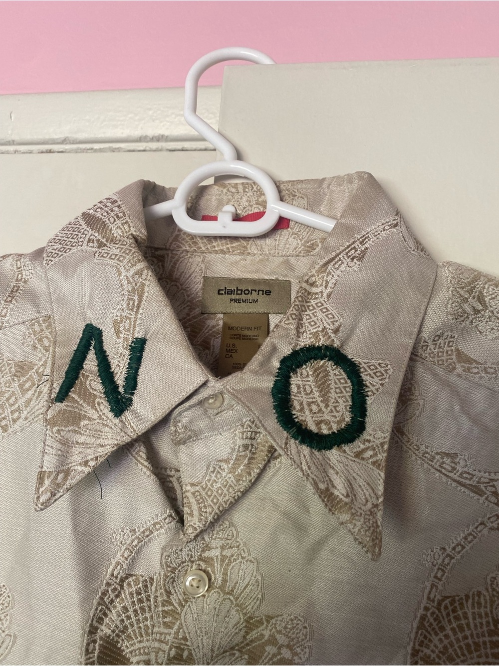 Upcycled Cream Silk Paisley Shirt w/ Green “NO” Embroidered Collar size L